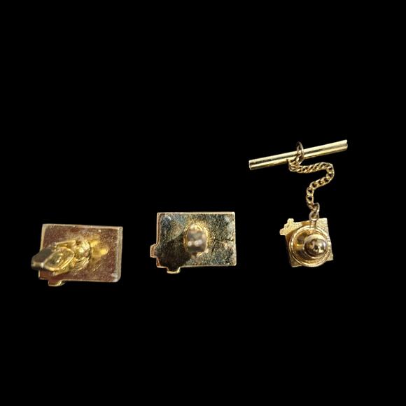 Swank Mosaic Inlay Cufflinks & Tie Tack Set Gold Tone 1960s Multi Stone - Picture 2 of 6